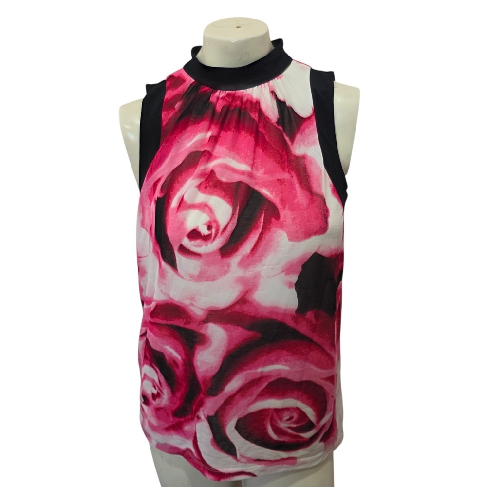 Worthington Womens M Pink Rose Floral Mock Neck Sleeveless Blouse Career Top